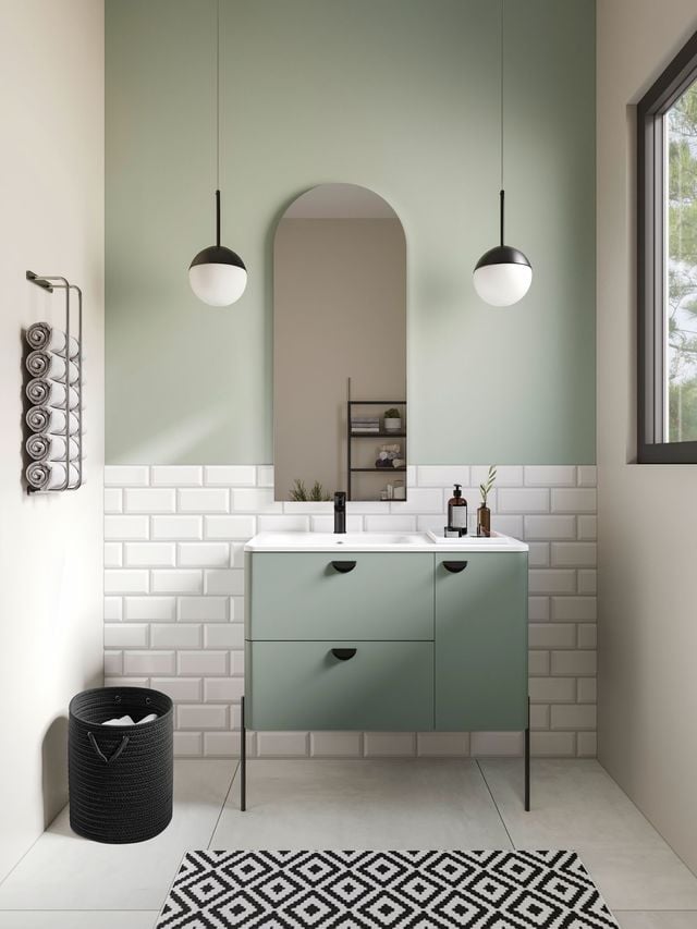 Même s'il existe une hauteur conseillée, libre à chacun de placer son meuble de salle de bains comme il le souhaite (en photo : meuble Frida, Lapeyre).