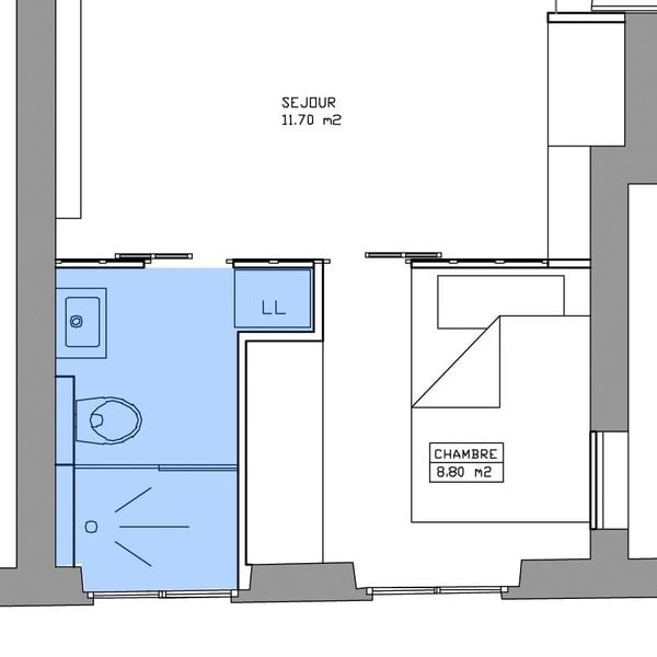 Plan d'une salle d'eau de 1,40 m2 avec douche, WC et espace lave-linge