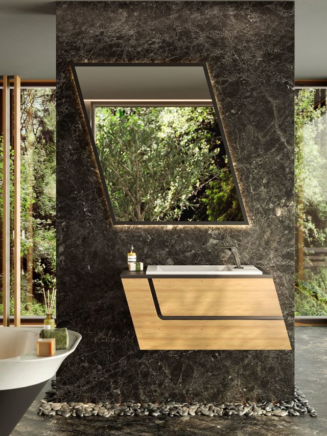 Les sallesde bains sombres créent une atmosphère enveloppante et luxueuse. CopyrightPorcelanosa Noken.